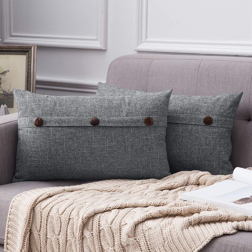 MIULEE Set of 2 Decorative Linen Throw Pillow Covers Cushion Case Triple Button Vintage Farmhouse Pillowcase for Couch Sofa Bed 12 x 20 Inch 30 x 50 cm Dark Grey